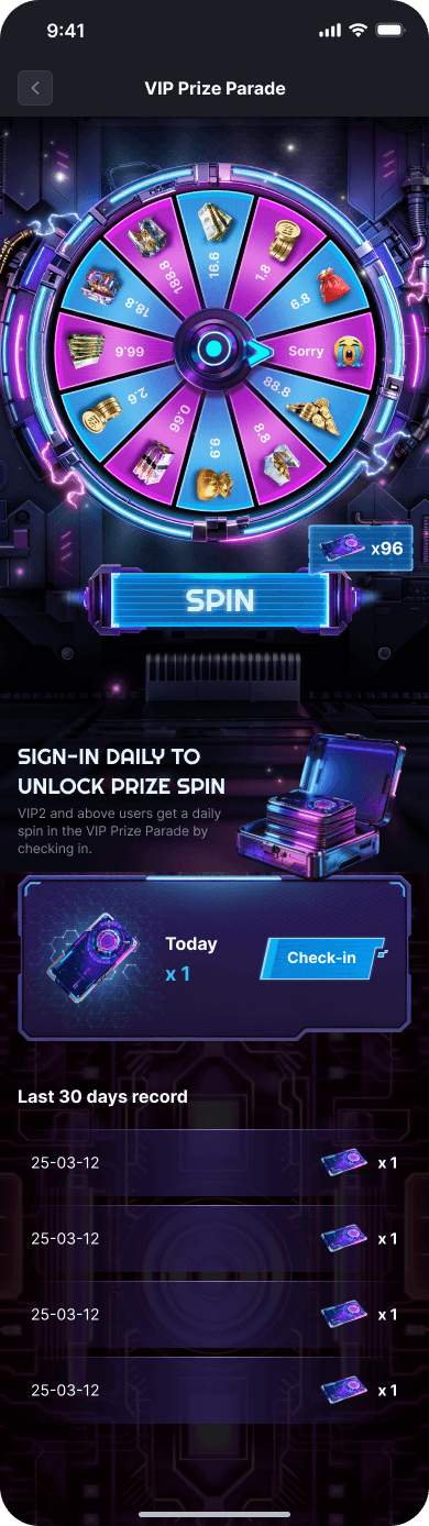 VIP prize wheel with daily free spins