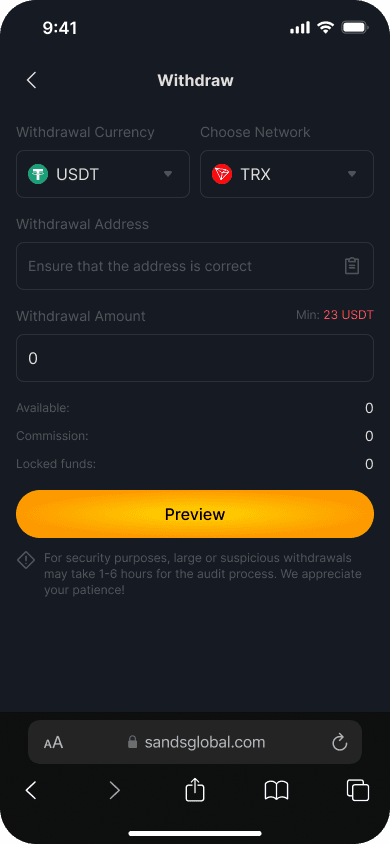 Crypto withdrawal flow with network selection
