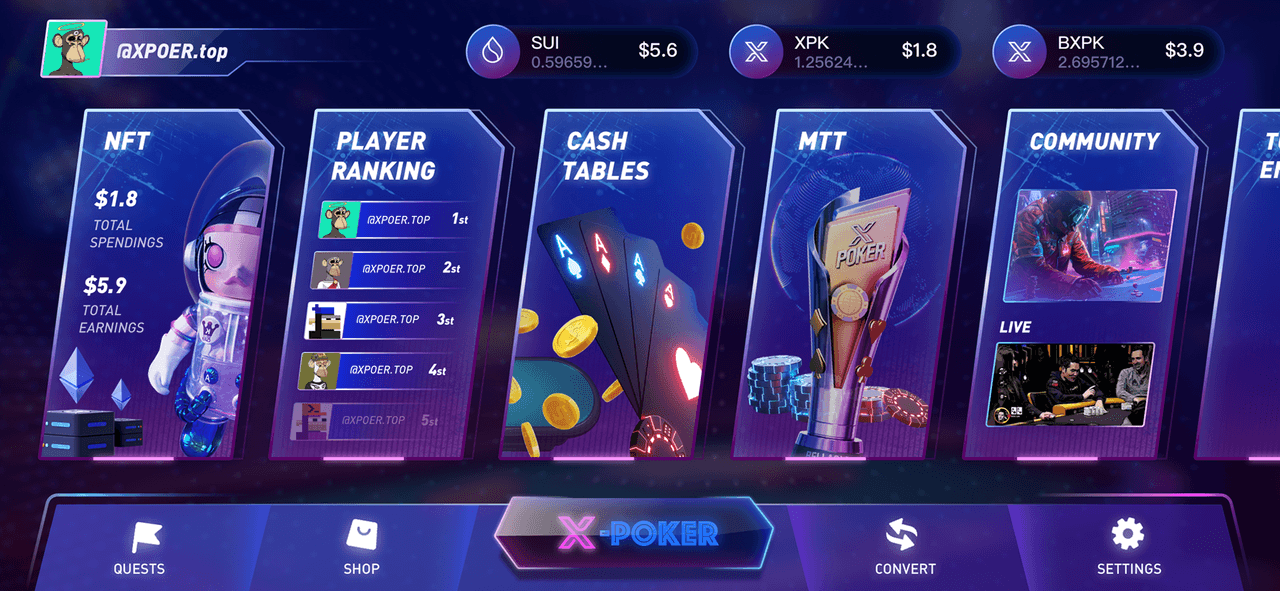 Lobby with NFT profile and player rankings
